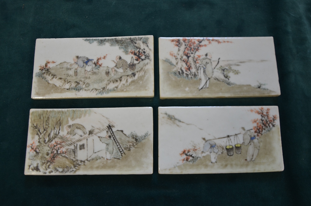 Set of twenty-eight late 19th/ early 20th century Chinese porcelain tiles depicting figures at - Image 10 of 17