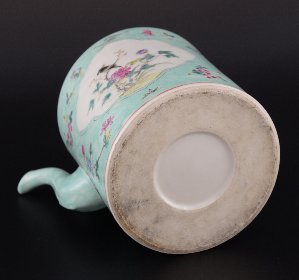 Chinese famille rose teapot and cover, the light blue ground decorated with two panels of a bird and - Image 3 of 4