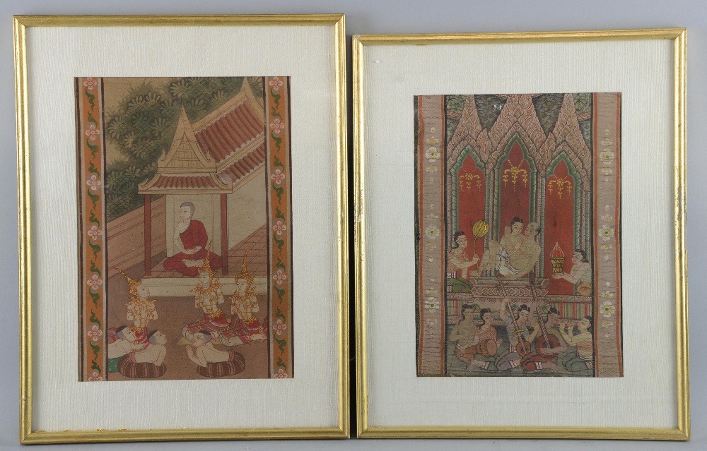 Two Thai paintings, the first depicting figures and musicians, the other with figures at a temple,