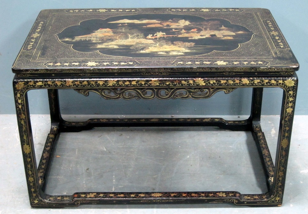 Chinese black lacquered and gilt table decorated with landscape scenes and geometric patterns,