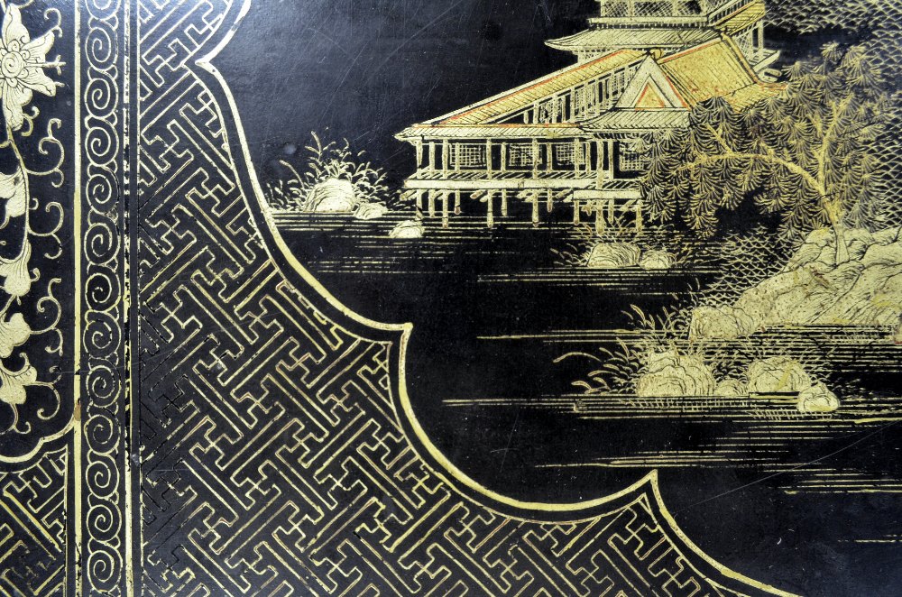Chinese black lacquered and gilt table decorated with landscape scenes and geometric patterns, - Image 7 of 7