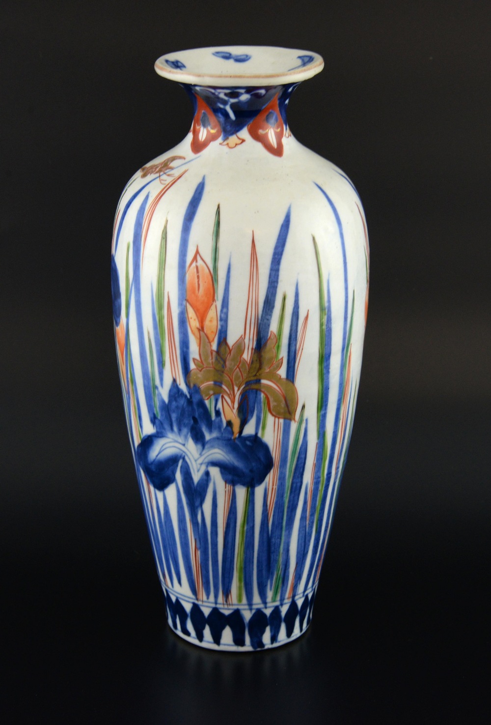 Japanese Imari vase decorated with gilt cranes and irises  among green, blue and red reeds, 30cm