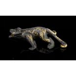 Chinese bronze model of a bifid dragon, inlaid with silver and painted in gilt, 15.5cm long,