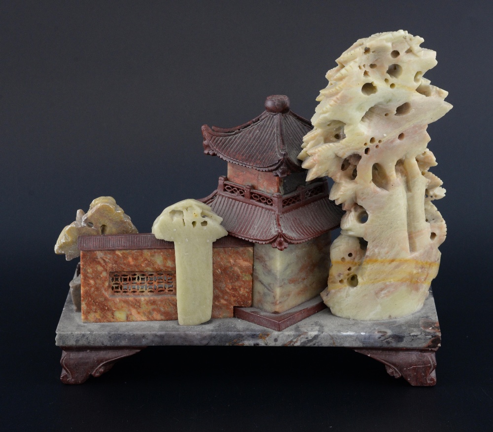 Chinese carved soapstone pagoda and garden on square base and shaped feet, 19.5cm wide, - Image 2 of 4