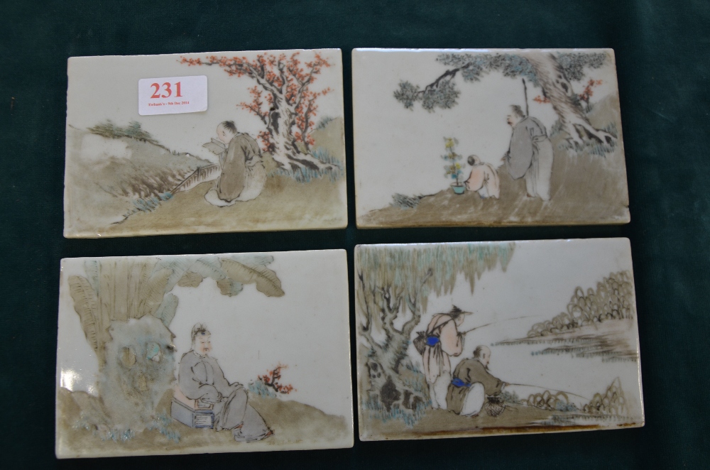 Set of twenty-eight late 19th/ early 20th century Chinese porcelain tiles depicting figures at - Image 15 of 17