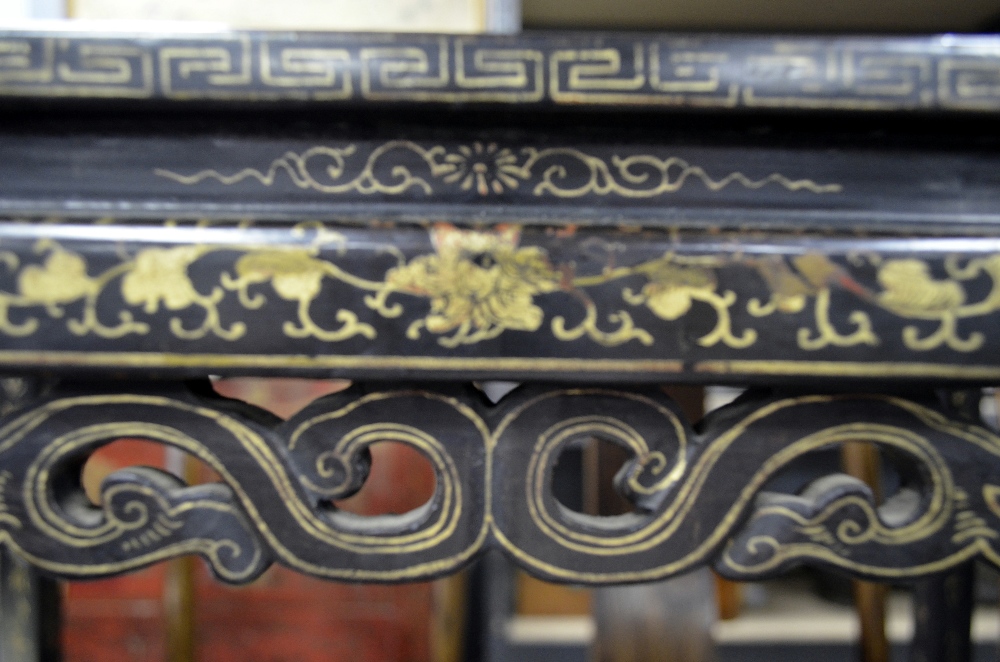 Chinese black lacquered and gilt table decorated with landscape scenes and geometric patterns, - Image 5 of 7