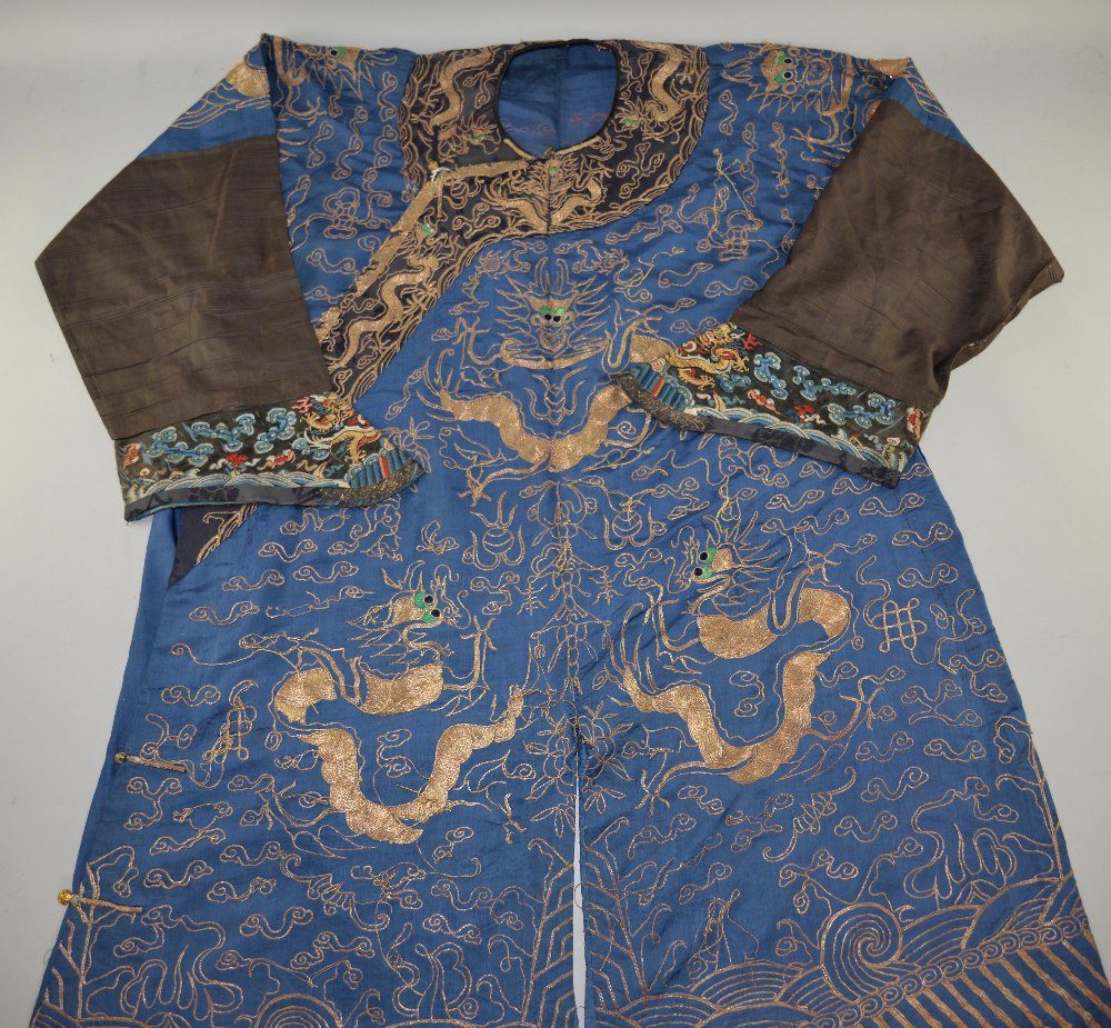 Chinese blue silk summer robe, embroidered  with couched gilt thread on blue silk, collar and