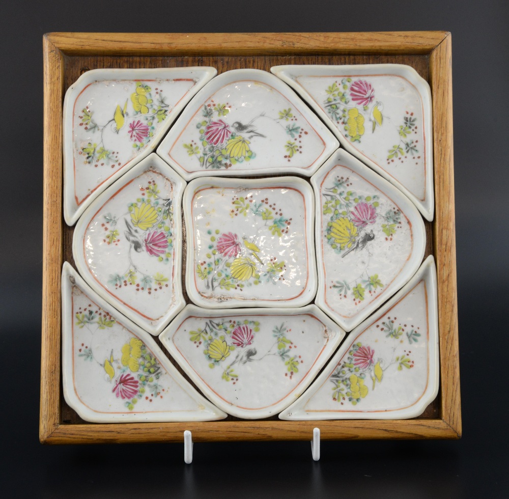 Chinese famille rose enamelled nine piece entree set, decorated with birds, flowers and foliage, - Image 2 of 2