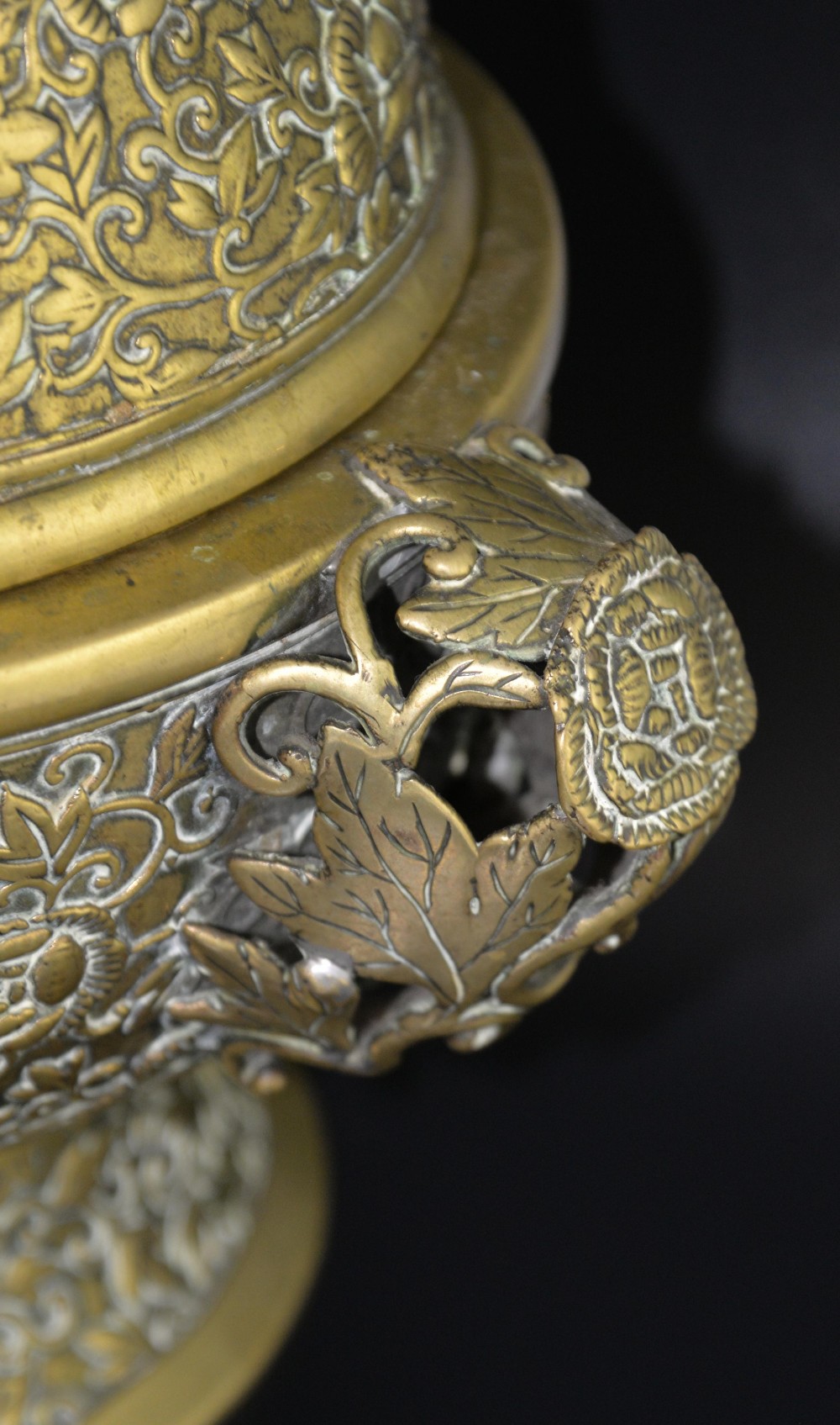 Chinese brass twin-handled censer and cover with embossed floral decoration, applied mark to base, - Image 2 of 7