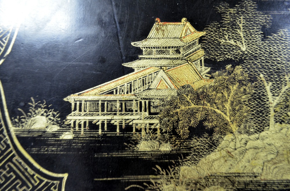 Chinese black lacquered and gilt table decorated with landscape scenes and geometric patterns, - Image 6 of 7