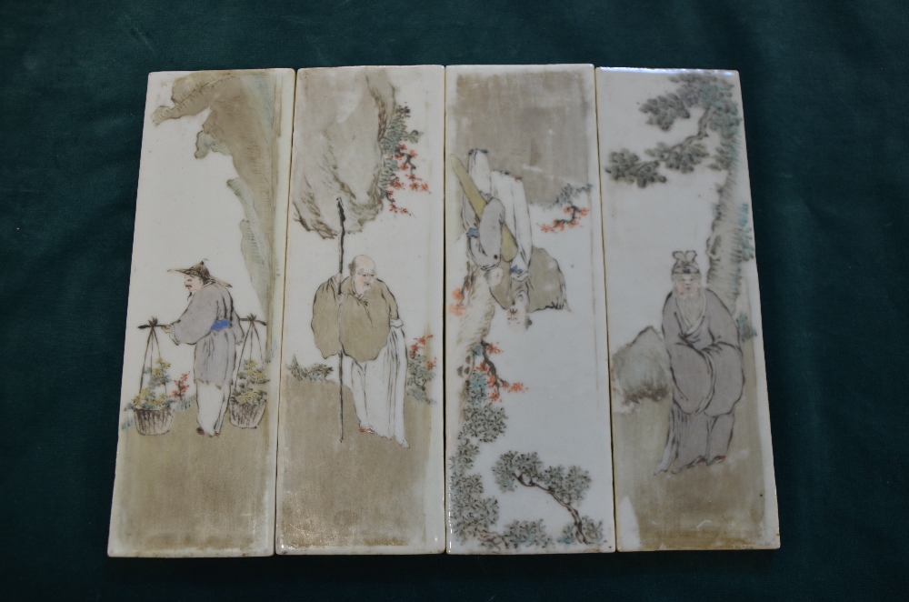 Set of twenty-eight late 19th/ early 20th century Chinese porcelain tiles depicting figures at - Image 8 of 17