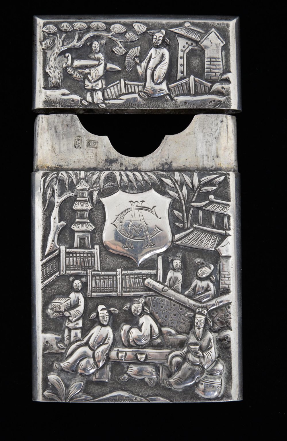 Late 19th/ early 20th century Chinese silver card case with a slip cover, embossed scenes of figures - Image 3 of 6