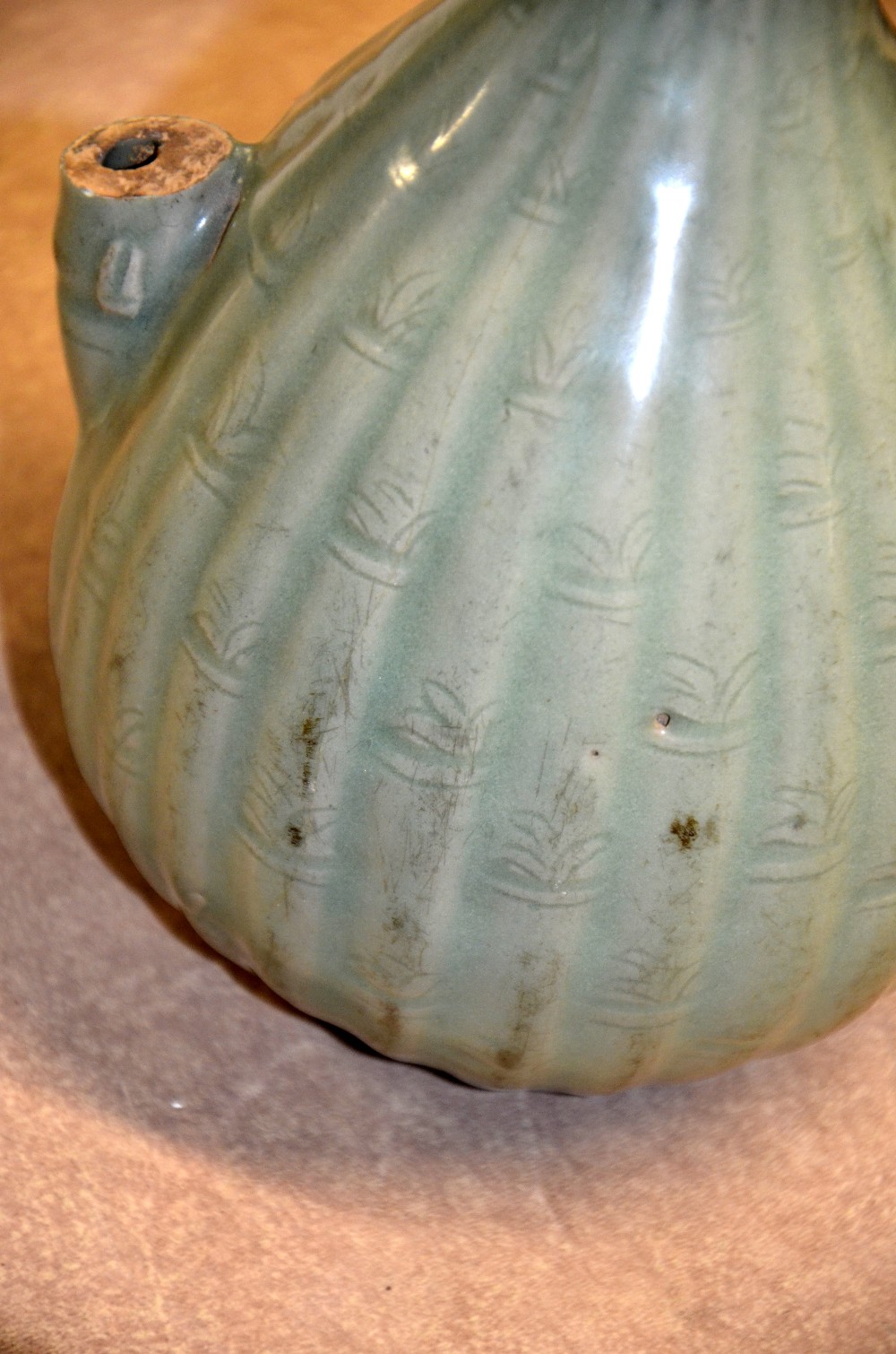 Chinese Longquan celadon double gourd shaped wine pourer, the reeded body with moulded foliage - Image 3 of 5