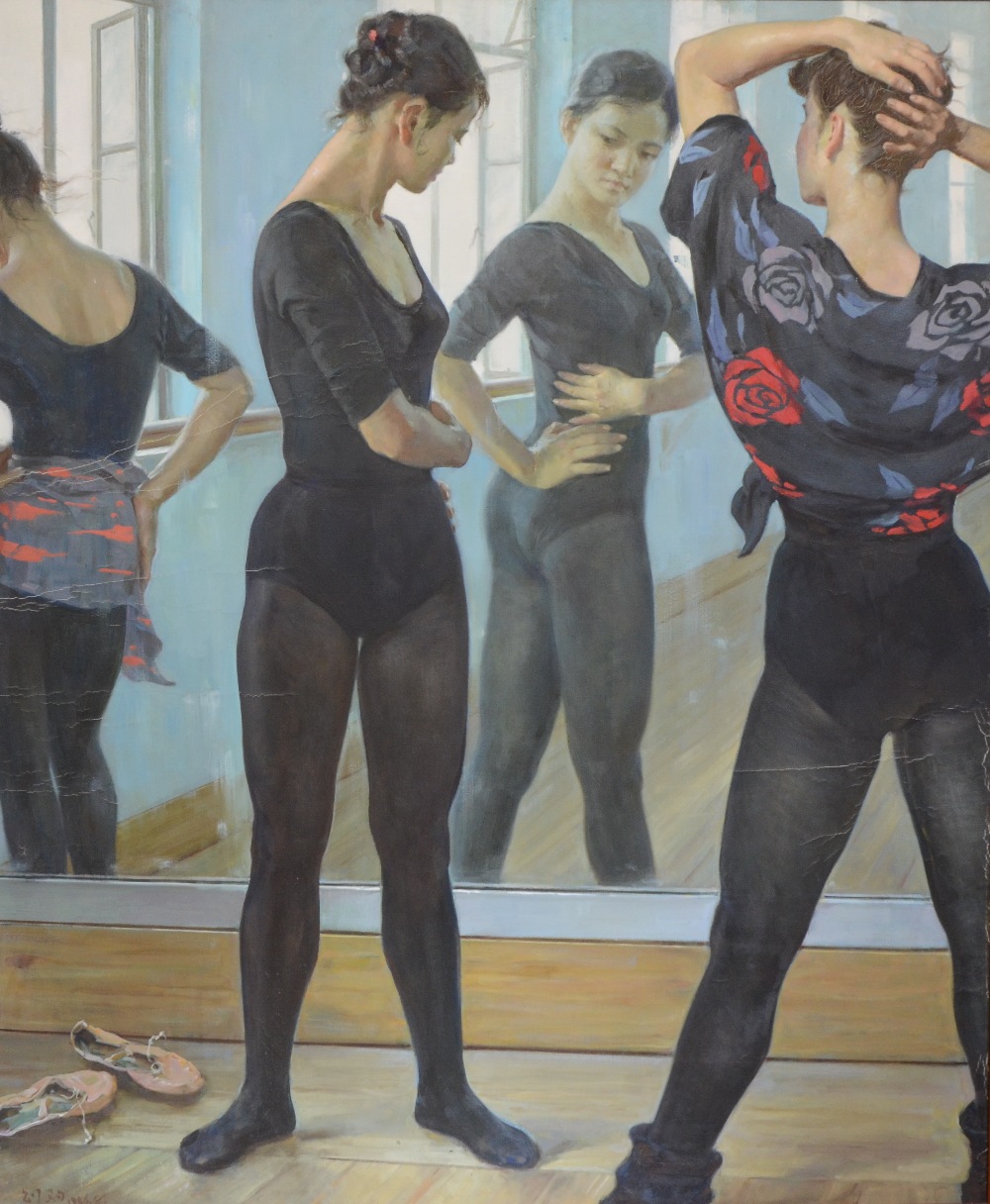 Guan Ze Ju  oil on canvas signed, Titled  verso  JING QIAN ,( In Front of the Mirror) and signed