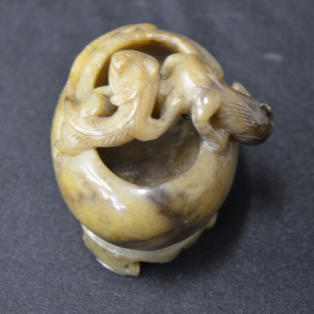 Chinese soapstone ovoid bowl on stand carved with two bifid dragons, 8cm high, - Image 3 of 4