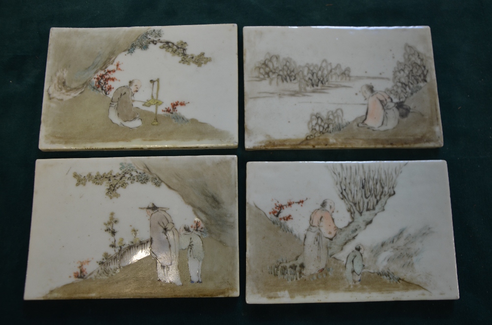 Set of twenty-eight late 19th/ early 20th century Chinese porcelain tiles depicting figures at - Image 3 of 17