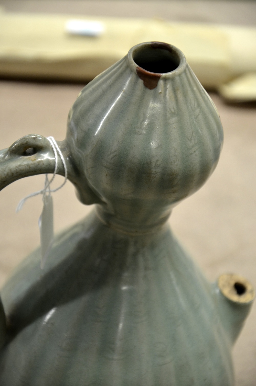 Chinese Longquan celadon double gourd shaped wine pourer, the reeded body with moulded foliage - Image 4 of 5