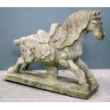 Chinese composite stone horse, saddled and with bridle, on rectangular base, 57cm x 70cm,