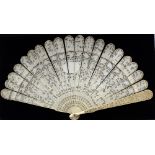 19th century Chinese ivory fan carved with figures at various pursuits and flowers and foliage, each