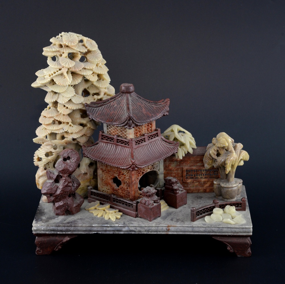 Chinese carved soapstone pagoda and garden on square base and shaped feet, 19.5cm wide, - Image 4 of 4