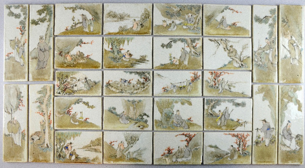 Set of twenty-eight late 19th/ early 20th century Chinese porcelain tiles depicting figures at - Image 16 of 17