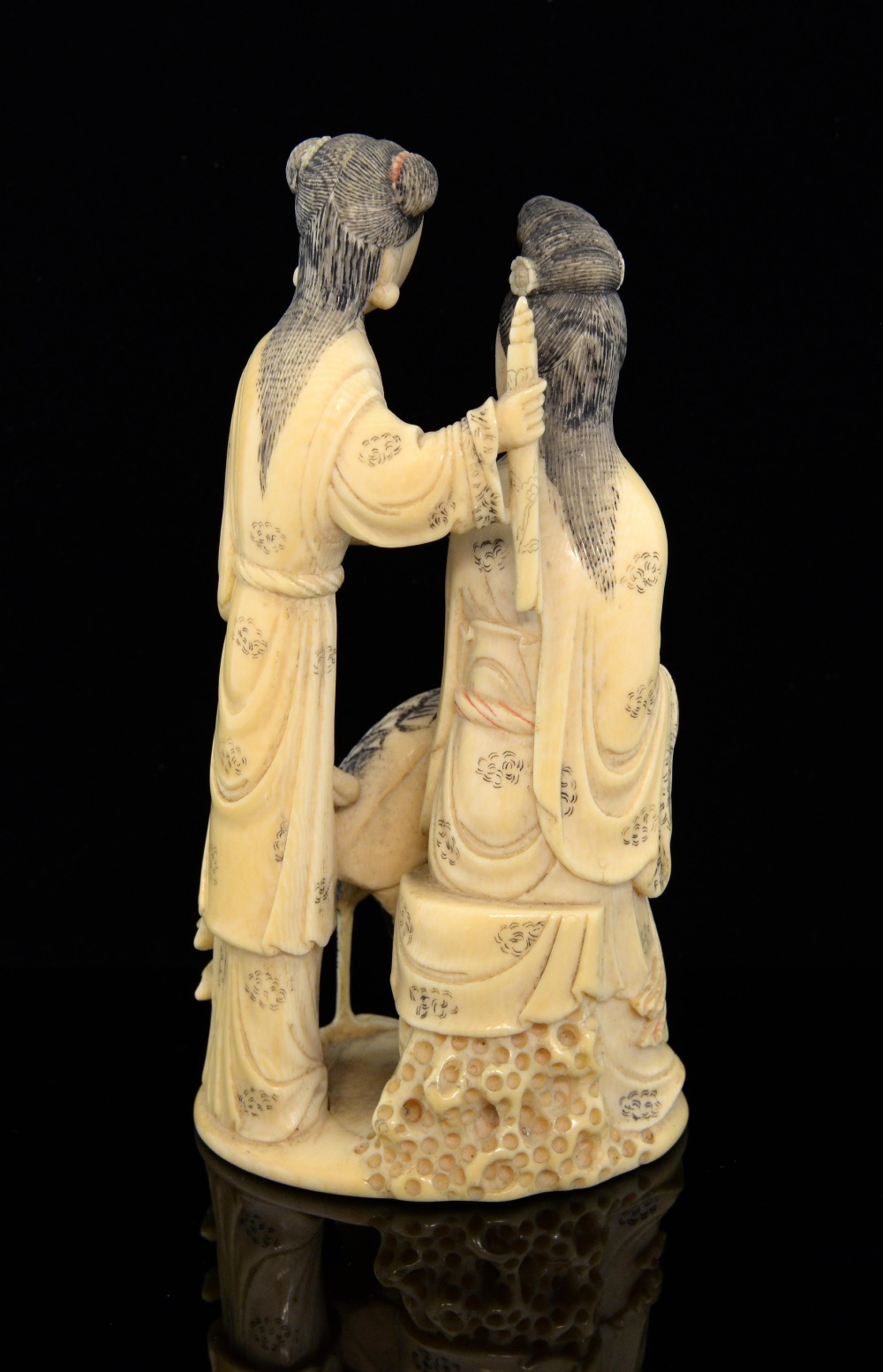 19th century Chinese carved ivory figural group of two ladies holding objects, one standing the - Image 2 of 3