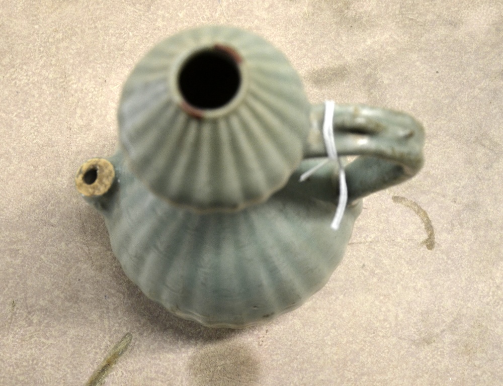 Chinese Longquan celadon double gourd shaped wine pourer, the reeded body with moulded foliage - Image 2 of 5