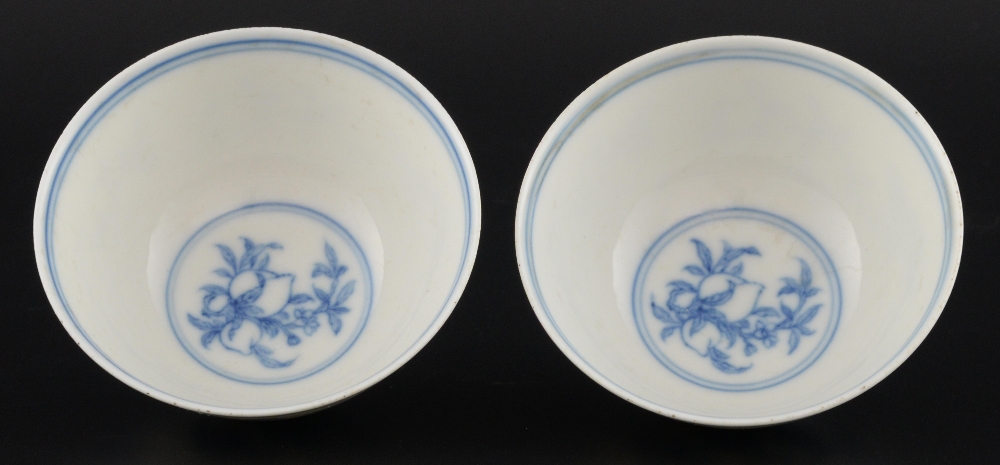 Pair of Chinese blue and white bowls decorated with pomegranates, Qian Long marks to bases, probably - Image 2 of 3