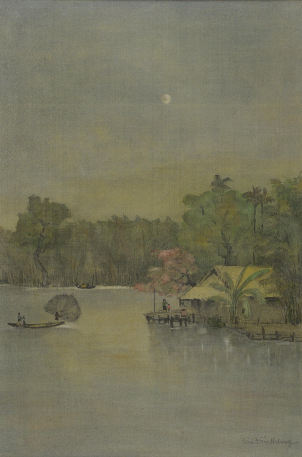 20th century watercolour on silk depicting a river landscape by moonlight in Malaysia, signed