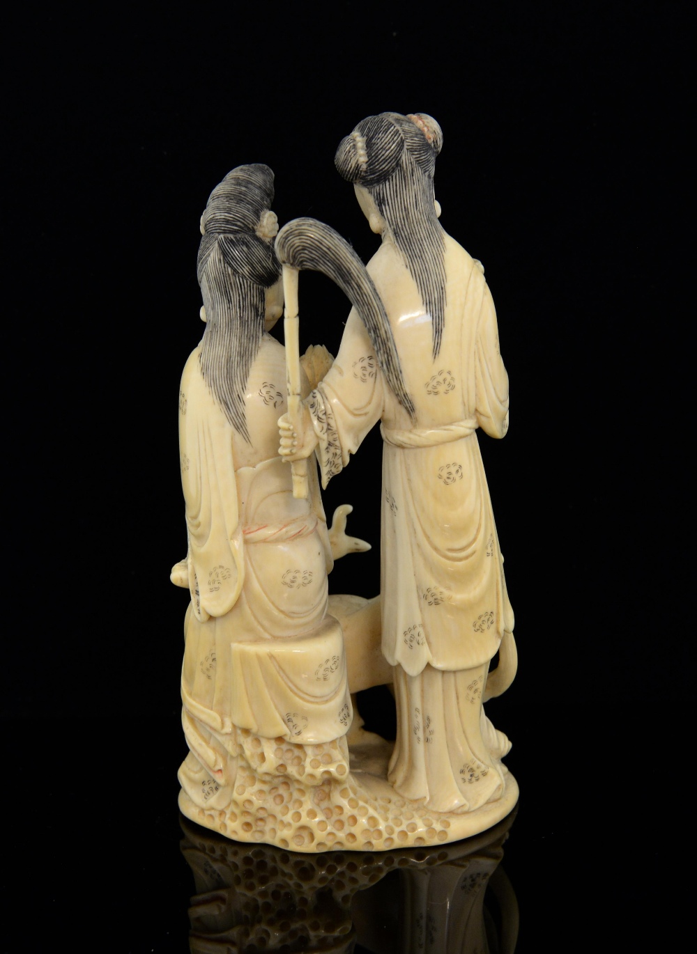 19th century Chinese carved ivory figural group of two ladies, one standing the other seated, - Image 2 of 3
