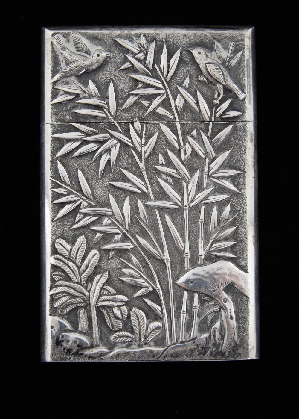 Late 19th/ early 20th century Chinese silver card case with a slip cover, embossed scenes of figures - Image 2 of 6