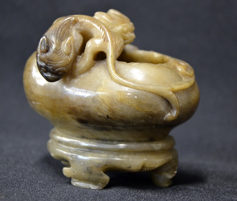 Chinese soapstone ovoid bowl on stand carved with two bifid dragons, 8cm high,