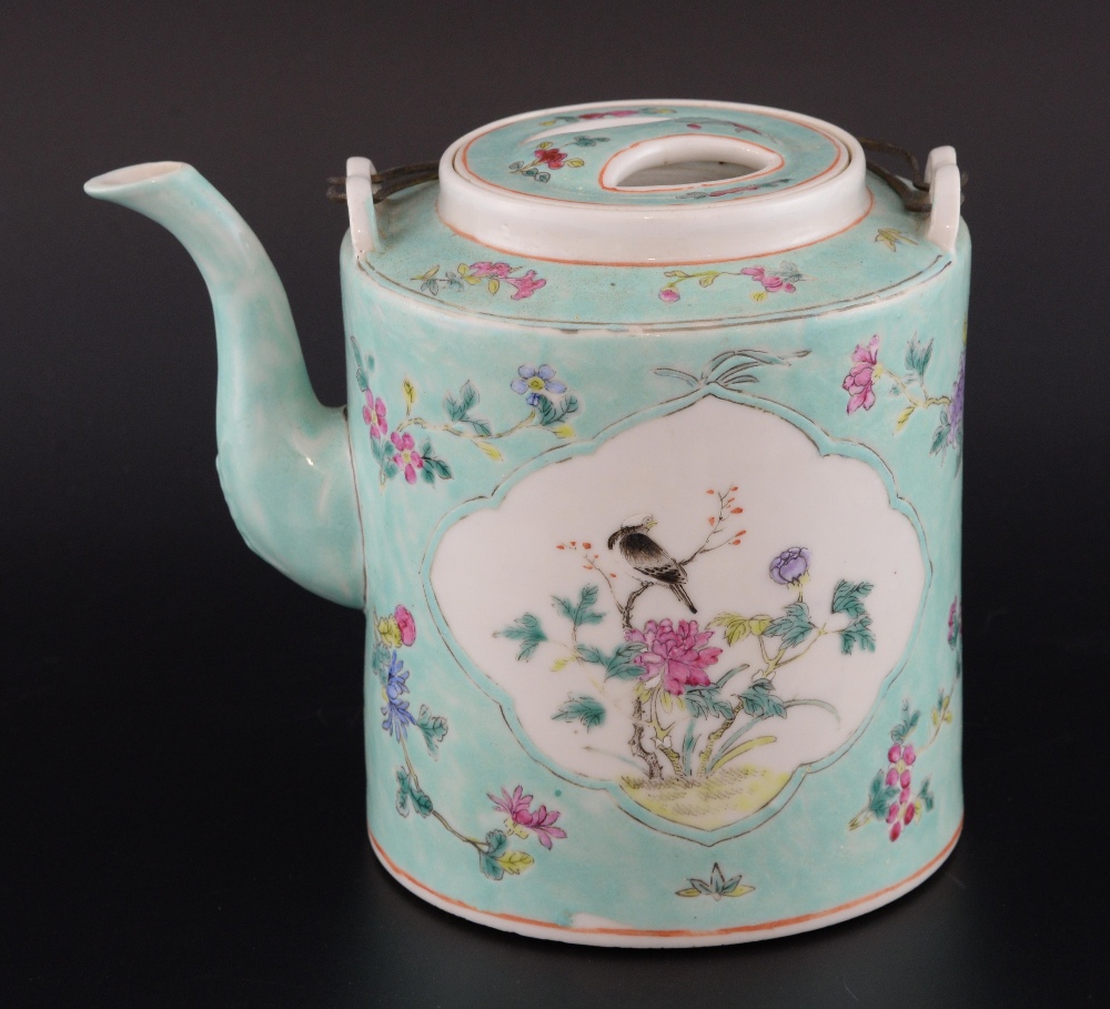 Chinese famille rose teapot and cover, the light blue ground decorated with two panels of a bird and - Image 2 of 4