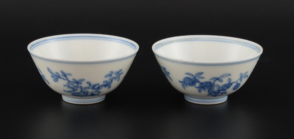 Pair of Chinese blue and white bowls decorated with pomegranates, Qian Long marks to bases, probably