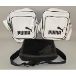 Jost German leather & suede shoulder bag & two retro Puma bags, used for promotional giveaways (3).