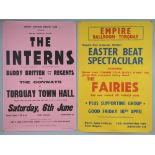 2 British beat gig posters, The Fairies 1965 & the Cardiff based Interns 1964, both playing Torquay,