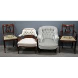 Set of six dining chairs, button back upholstered armchair and one other armchair