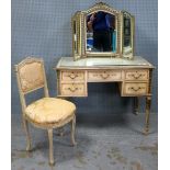 White painted dressing table, matching chair and triptych mirror