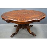 Victorian walnut and marquetry inlaid loo table supported on scroll feet., 75cm x 145cm x 110cm