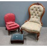 19th century mahogany framed spoon back nursing chair, small childs chair and a stool