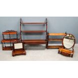 Mahogany wall hanging Chippendale style shelf, two others and two bedroom mirrors