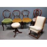 Four balloon back dining chairs, upholstered nursing chair and a walnut framed piano stool