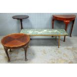 Mahogany circular tilt top wine table on tripod legs, two other occasional tables, tile topped