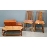 Pair of walnut chairs, teak work box and a oak framed rattan seated stool