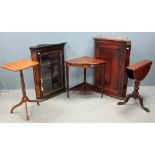 Mahogany wall hanging corner cupboard, another glazed, rosewood two tier corner table, mahogany drop