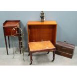 Mahogany stool with cane seat, mahogany pot cupboard, brass cake stand, studio pottery style lamp