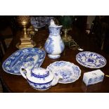 Victorian blue and white meat plate by Rogers depicting farm cottages,