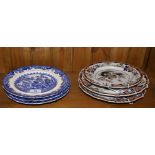 Three Victorian blue and white willow pattern plates and three others by Mason's Ironstone