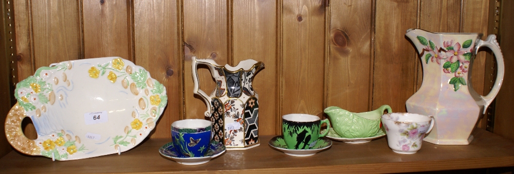 Clarice Cliff dish with raised floral pattern two Maling cups and saucers, a single cup, Maling jug,