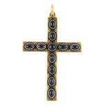 A mid 19th century 21ct gold agate cross pendant, designed as a cross set with oval banded agate